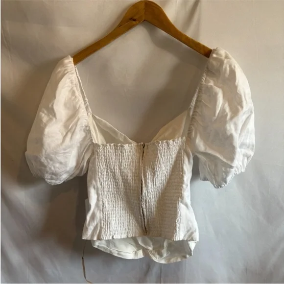 New! Reformation Karina White Twist-Front Linen Puff Sleeve Blouse - Picture 7 of 7